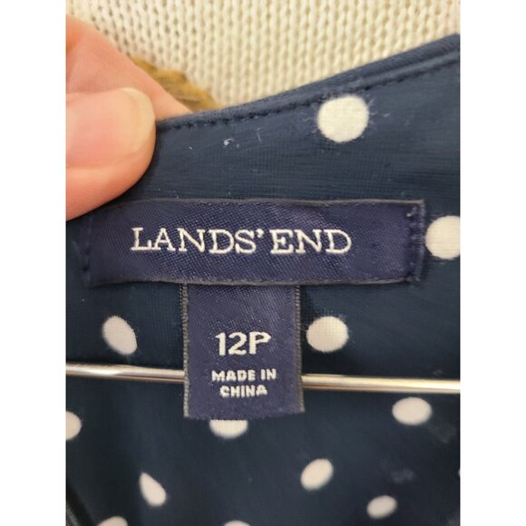 Lands End Womens Faux Wrap Dress Size 12P Blue Polka Dot Stretch Short Sleeve - Picture 5 of 6